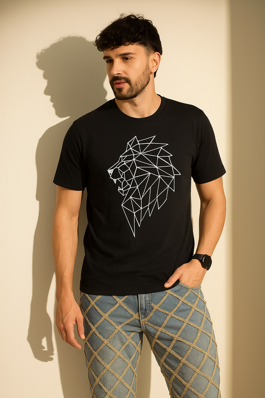 Lion Geometric Pattern Black Regular fit T-shirt